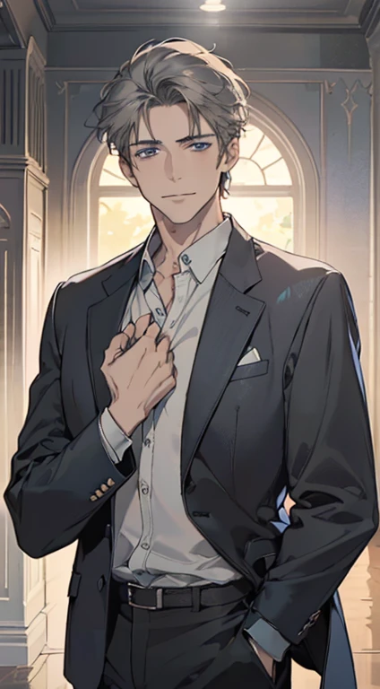 (best quality, masterpiece, 8K, photorealistic, cinematic lighting, 1:4 hdr image, ultra detailed, beautiful image), a mature man, 25 years very handsome, ((cold expression smile in love)), short grey hair, blue eyes, face perfect without mistakes, ((buttoning his jacket, CEO)), smile.