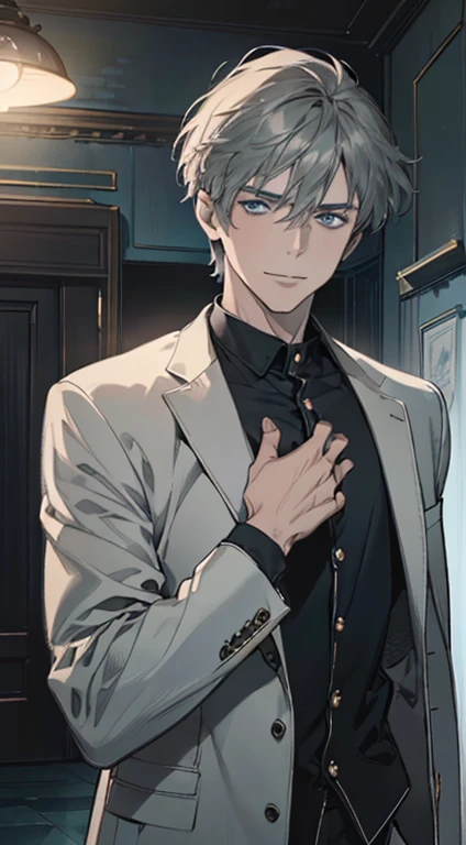 (best quality, masterpiece, 8K, photorealistic, cinematic lighting, 1:4 hdr image, ultra detailed, beautiful image), a mature man, 25 years very handsome, ((cold expression smile in love)), short grey hair, blue eyes, face perfect without mistakes, ((buttoning his jacket, CEO)), smile.