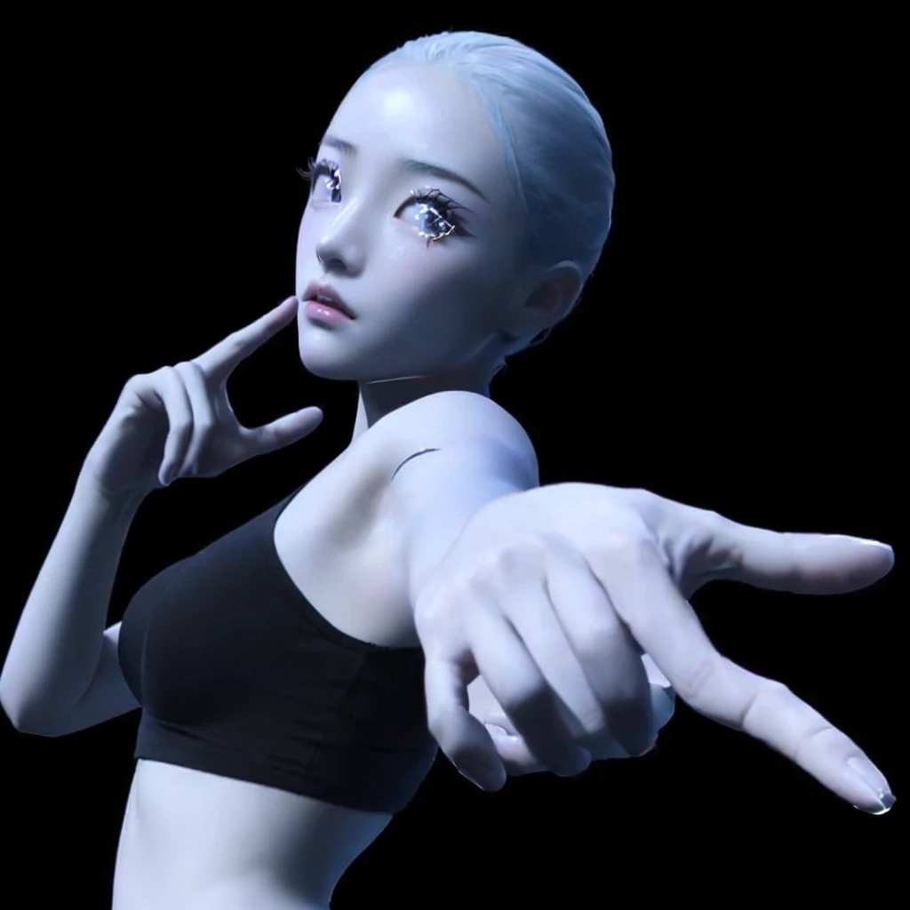 a closeup of Shuhua with a finger on her lips, character posing, thinking pose, expressive pose, frenetic dance pose, anime pose, dramatic thinking pose, animation character, to put, creepy pose, gesture, digital character, pose casual, defaulto put neutral expression, fighting pose, pudica pose gesture, Modeling in Poser, serpentine pose gesture, Shuhua de g idle