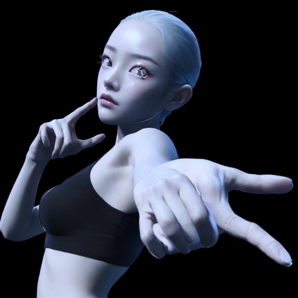 a closeup of Shuhua with a finger on her lips, character posing, thinking pose, expressive pose, frenetic dance pose, anime pose, dramatic thinking pose, animation character, to put, creepy pose, gesture, digital character, pose casual, defaulto put neutral expression, fighting pose, pudica pose gesture, Modeling in Poser, serpentine pose gesture, Shuhua de g idle 