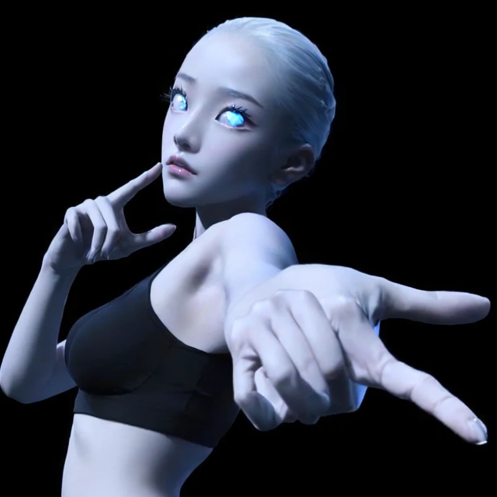 a closeup of Shuhua with a finger on her lips, character posing, thinking pose, expressive pose, frenetic dance pose, anime pose, dramatic thinking pose, animation character, to put, creepy pose, gesture, digital character, pose casual, defaulto put neutral expression, fighting pose, pudica pose gesture, Modeling in Poser, serpentine pose gesture, Shuhua de g idle 