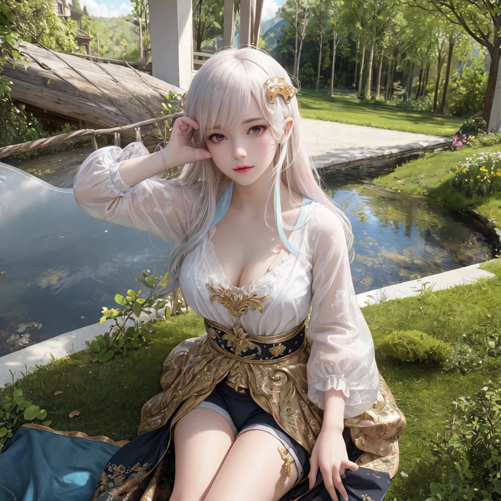 (best quality), masterpiece, Extremely detailed CG8K painting, high color, Extremely high color saturation, All colors are deepened, central composition, Extremely detailed light and shadow, The face and eyes are very detailed, medium length hair, sportswear, colorful clouds，beautiful nature，landscape