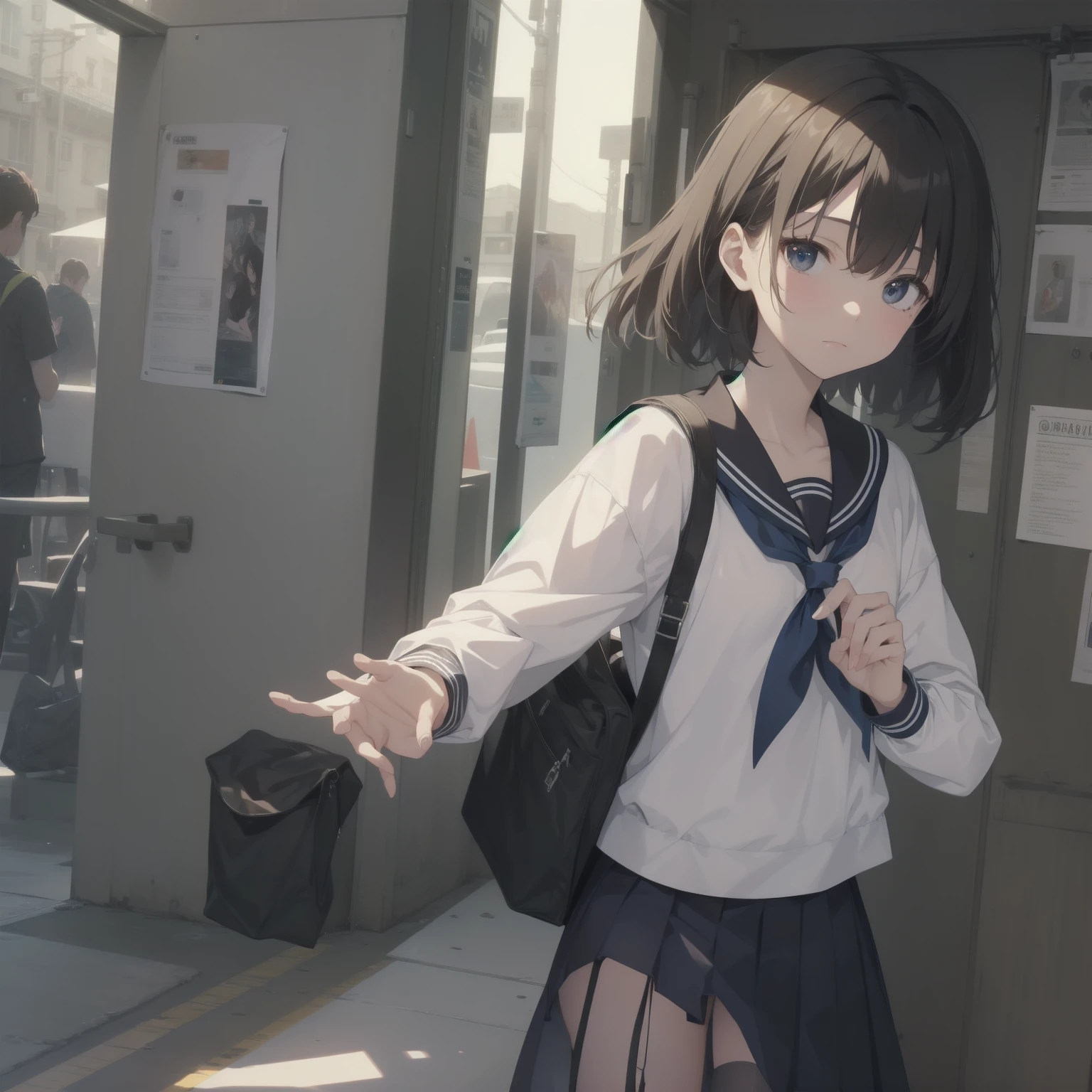 ultra-absurdres-Top quality by artist God, ultra-detailed, high resolution, anime moe artstyle, best anime 8k konachan wallpaper, pixiv contest winner, pool:2810, perfect anatomy,break, 1girl, (Please draw a girl walking sleepily to school alone. )break,(Solo,little female, 13-year-old:1.3),Full limbs, complete fingers,a junior high school student, (very short hair), short cut, flat chest, , small butt, small black eyes, beautiful detailed eyes, well-proportioned iris and pupils, expressive eyes, highres detailed hair, soft expression, salor school_uniform, sailor collar, serahuku, bow, pleated skirt,(Detailed Lighting), (Detailed background), in the School commute route. break,super detailed skin, Best cinematic lighting powered by famous artist, 8k,beauty illustration,photoshop_(medium),very aesthetic,break,((artist:hana_kazari )), artist:clamp ,artist:carnelian ,artist:kantoku ,