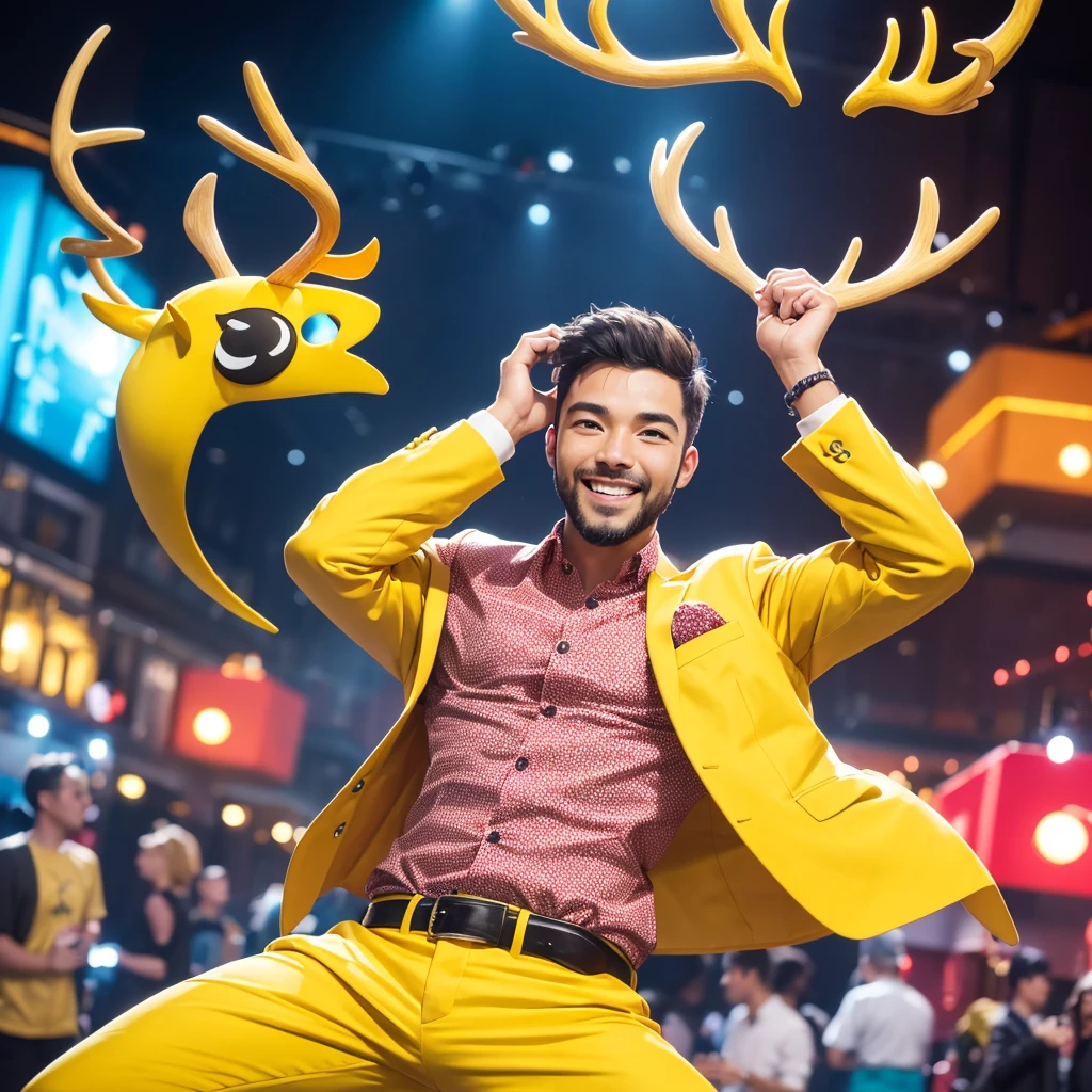 Create an image of a lively and charismatic man representing an MBTI entertainer (ESFP) type. He is wearing a bright yellow outfit that showcases his sociable and energetic nature. He has playful deer antlers growing from his head, adding a whimsical and entertaining touch to his appearance. The background should be a vibrant and festive setting that reflects his love for excitement and being the center of attention.