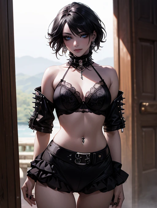 (masterpiece:1.2, highest quality), (realistic, photorealistic:1.4), beautiful illustrations, (natural side lighting, movie lighting),
looking at the viewer, Upper body, (Front view), 1 girl, perfect face, Cute symmetrical face, shiny skin, baby face, long eyelash, (large breasts), (wide hips:1.5),short cut hair,
beautiful hair, beautiful face, detailed and beautiful eyes, beautiful body, beautiful breasts, beautiful thighs, beautiful feet, beautiful fingers,
(beautiful scenery),(cute smile:1.3, upper eye), 18yo,pale skin,a woman in black corset and goth hair, with piercings, 1girl, solo, black hair, short hair, ring,(pierce:1.5),(punk style:1.5),(gothic dress),(black lips:1.7),side layered skirt,black bra,(gulp down blood from one's mouth:1.2)