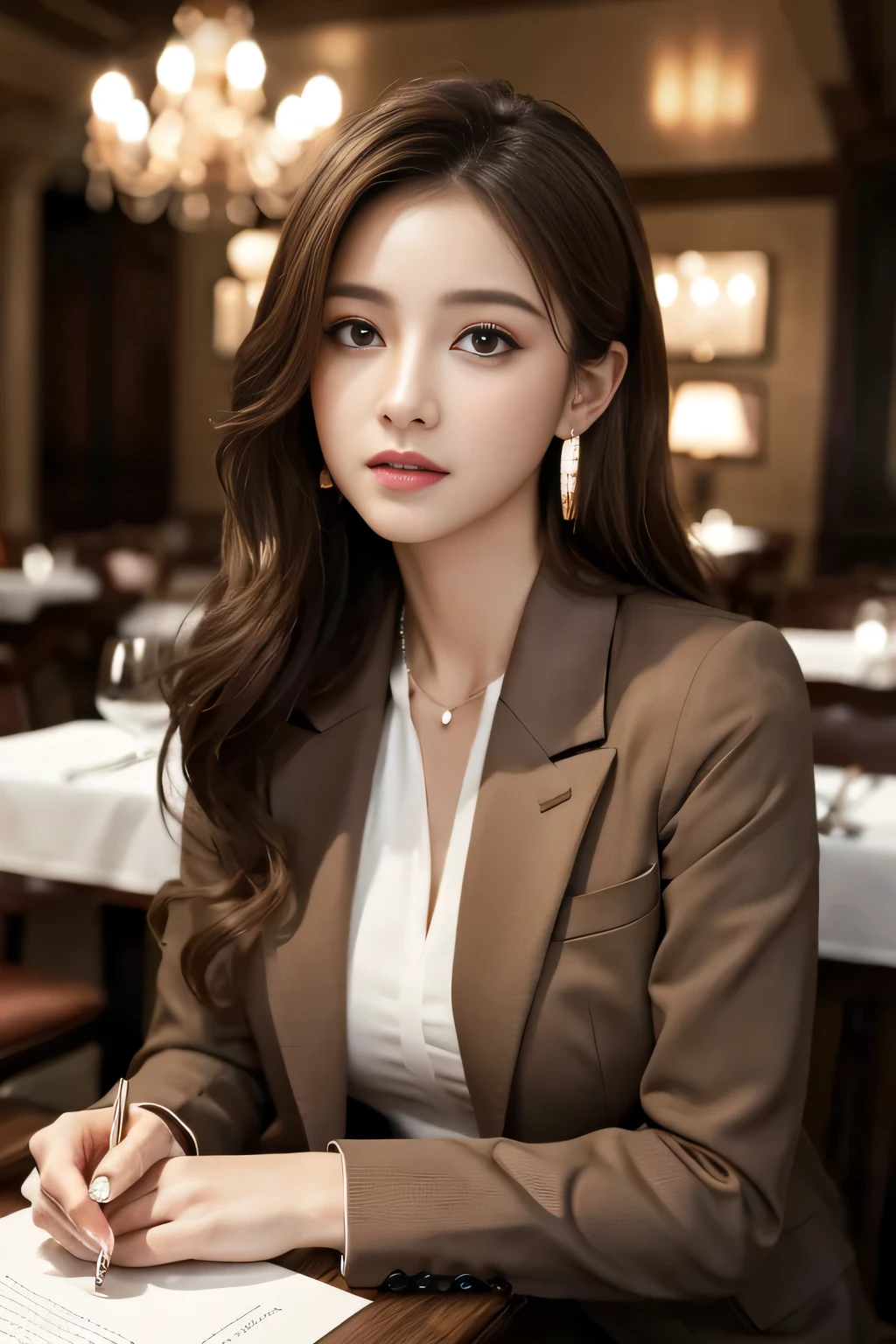 masterpiece, Highest quality, Realistic, Very detailed, Finer details, High resolution, 8k wallpaper, One beautiful woman, Wear a nice suit, In a great restaurant, At night, Light brown messy hair, Perfect dynamic composition, Beautiful and beautiful eyes、Big earrings、Sit on a chair、