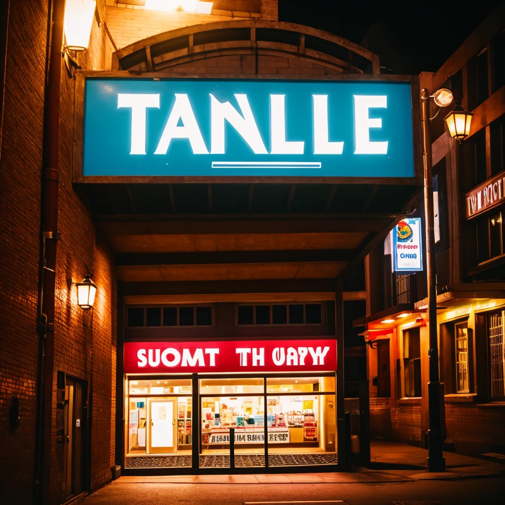 Comedy venue sign that says TRAUMEDY. Night. Hyper Photorealisitc. Super 35 mm. Fuji film. Modern day.