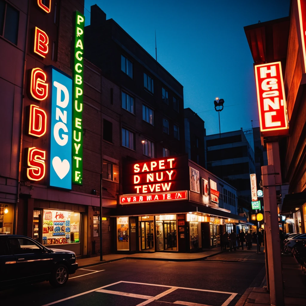 Comedy venue sign that says TRAUMEDY. Night. Hyper Photorealisitc. Super 35 mm. Fuji film. Modern day.