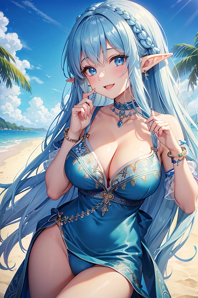 Highest quality、Highest quality、masterpiece、(8K resolution),beauty(Age 25)、(Mature Appearance)、Light blue long hair(Braiding of sides)、blue eyes、(Detailed embroidered underwear)、(Elf)、Big cleavage、((Big Breasts))、smile、blue necklace、Blue Earrings、background(Beach)、Please open your mouth wide、bracelet、Dynamic pose、Blue choker、