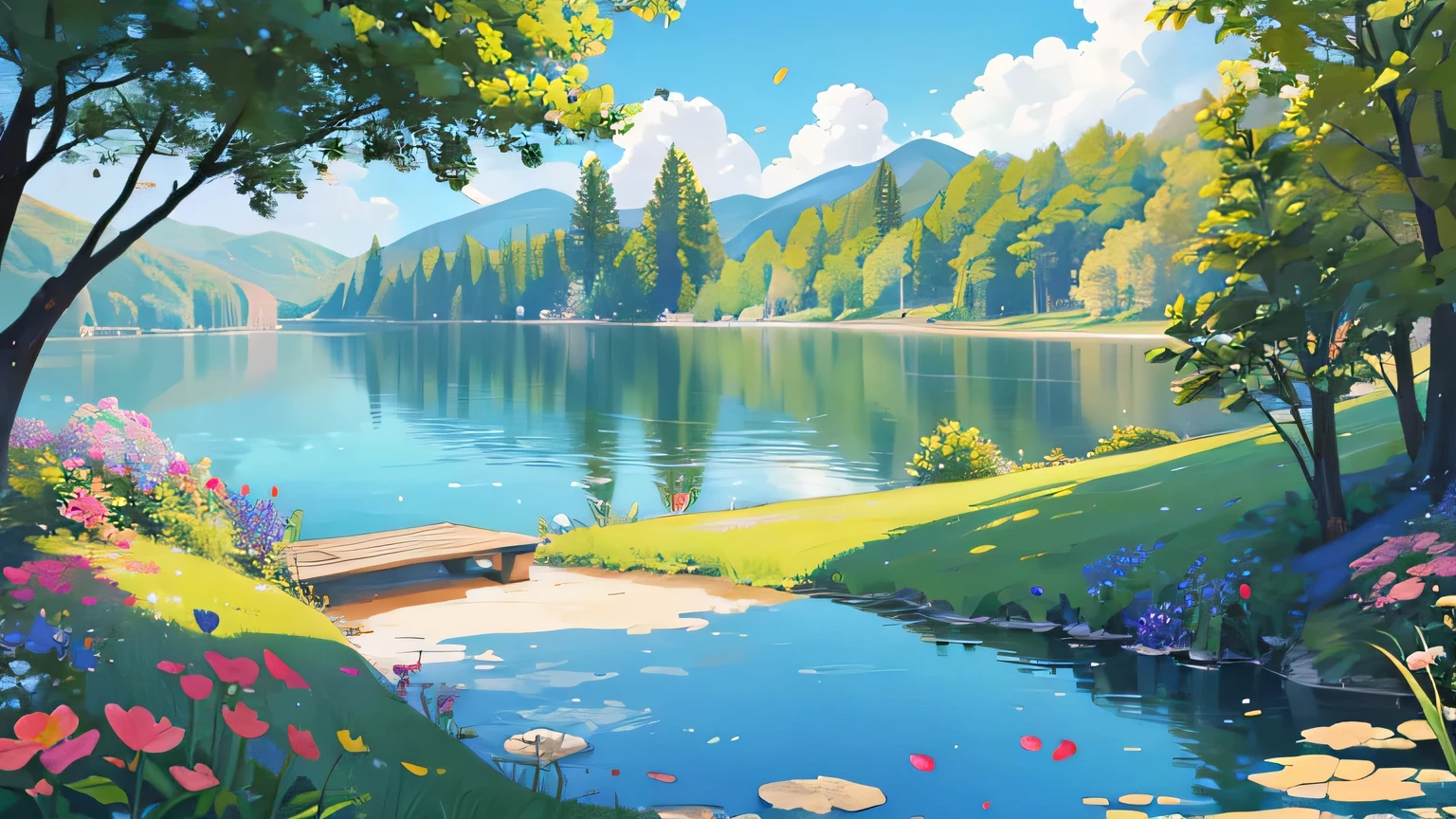 a small lake surrounded by flowers and many trees, the sky with many clouds and petals falling from the sky, animals drinking water, a small cabin on a hill