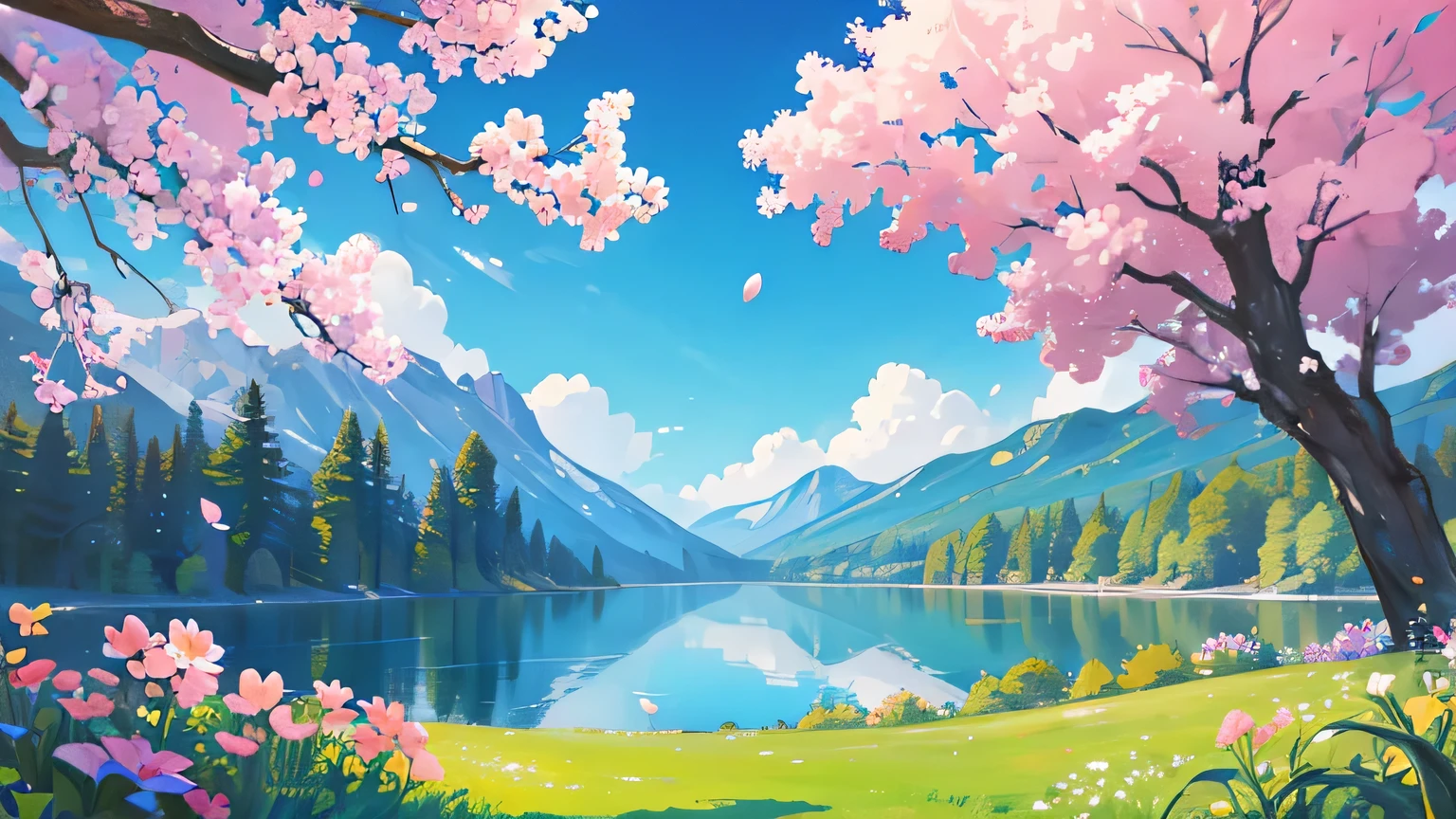 a small lake surrounded by flowers and many trees, the sky with many clouds and petals falling from the sky, animals drinking water, a small cabin on a hill