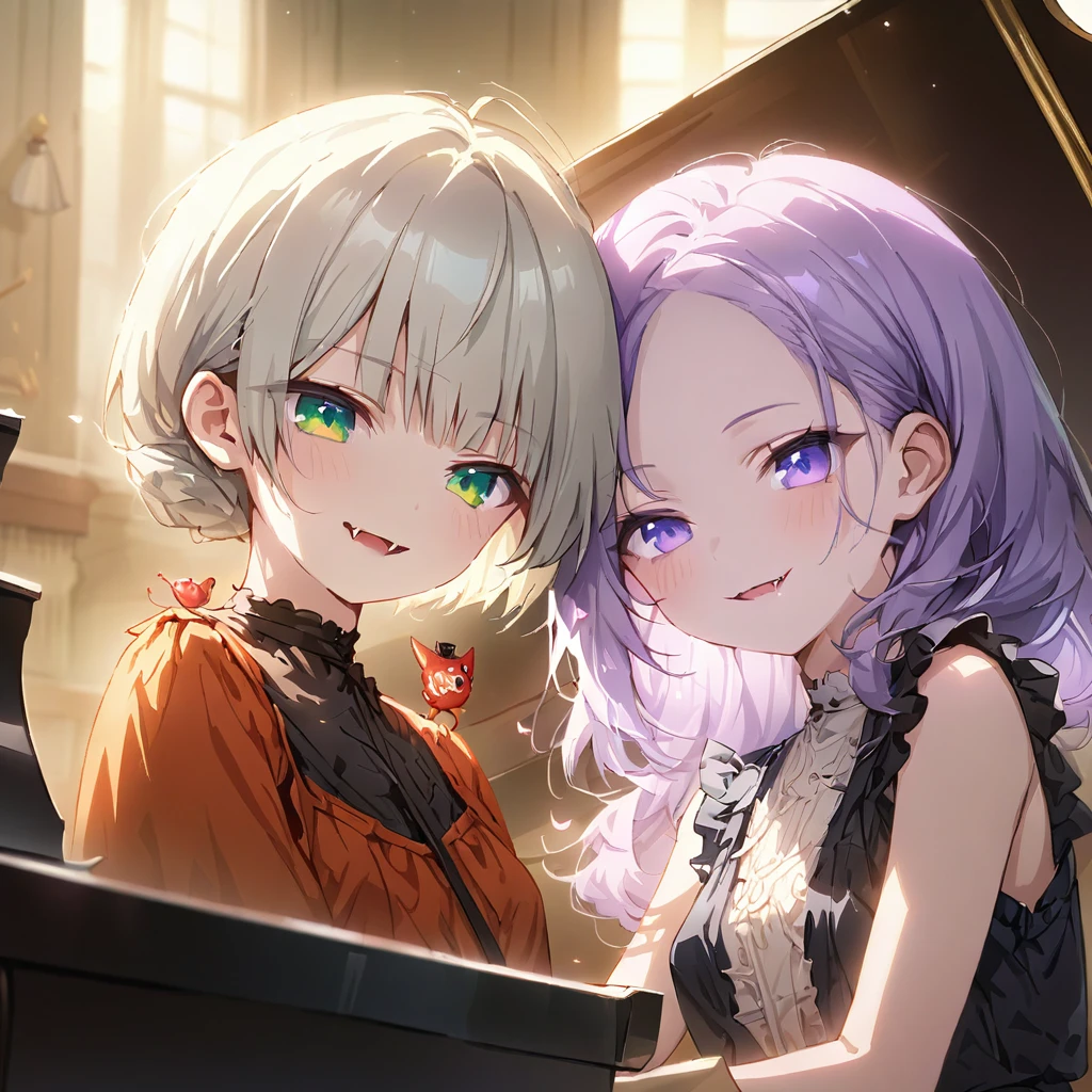 a masterpiece, beautiful eyes, a beautiful face, beautiful depiction, details, ultra detailed, 8K,kawaii, mesugaki, fangs,
light atmosphere,
(masterpiece:1.3), anime visual, (Lovey-dovey:1.5), (tilt head:1.3), extremely delicate face, soft clean focus, realistic lighting and shading, (an extremely delicate and beautiful art:1.3),
Two girls, one piano, duet, one girl with pale purple hair and green eyes, other girl with silver hair and blue eyes, smiling,