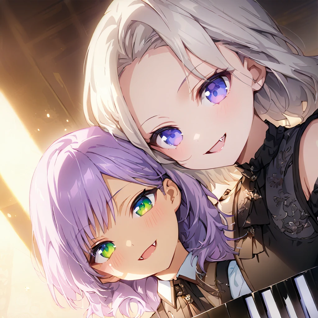 a masterpiece, beautiful eyes, a beautiful face, beautiful depiction, details, ultra detailed, 8K,kawaii, mesugaki, fangs,
light atmosphere,
(masterpiece:1.3), anime visual, (Lovey-dovey:1.5), (tilt head:1.3), extremely delicate face, soft clean focus, realistic lighting and shading, (an extremely delicate and beautiful art:1.3),
Two girls, one piano, duet, one girl with pale purple hair and green eyes, other girl with silver hair and blue eyes, smiling,