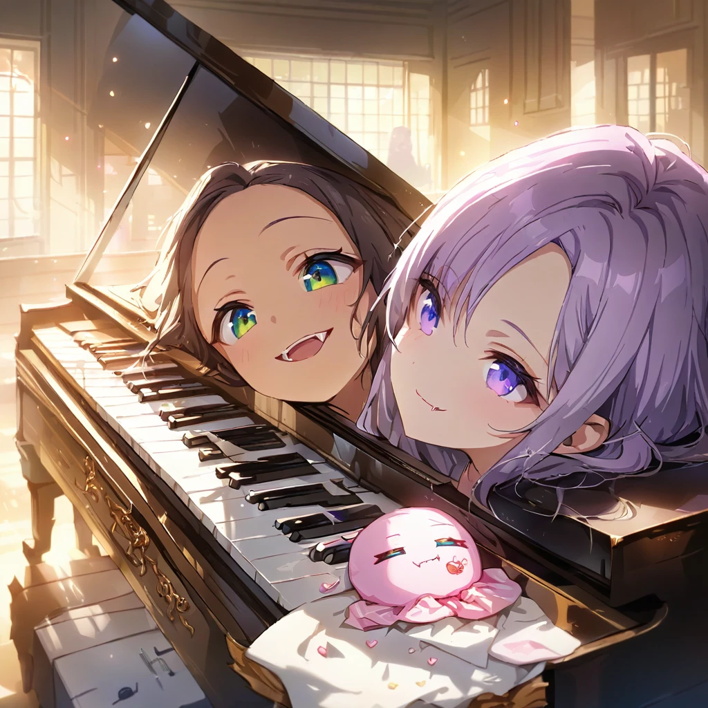 a masterpiece, beautiful eyes, a beautiful face, beautiful depiction, details, ultra detailed, 8K,kawaii, mesugaki, fangs,
light atmosphere,
(masterpiece:1.3), anime visual, (Lovey-dovey:1.5), (tilt head:1.3), extremely delicate face, soft clean focus, realistic lighting and shading, (an extremely delicate and beautiful art:1.3),
Two girls, one piano, duet, one girl with pale purple hair and green eyes, other girl with silver hair and blue eyes, smiling,