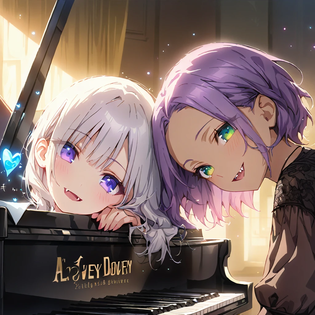 a masterpiece, beautiful eyes, a beautiful face, beautiful depiction, details, ultra detailed, 8K,kawaii, mesugaki, fangs,
light atmosphere,
(masterpiece:1.3), anime visual, (Lovey-dovey:1.5), (tilt head:1.3), extremely delicate face, soft clean focus, realistic lighting and shading, (an extremely delicate and beautiful art:1.3),
Two girls, one piano, duet, one girl with pale purple hair and green eyes, other girl with silver hair and blue eyes, smiling,