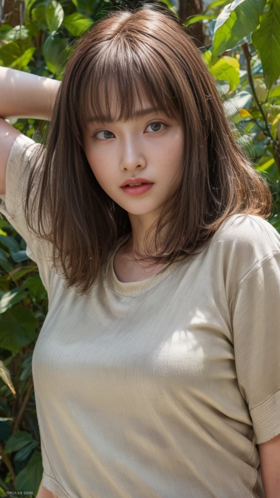 beautifulgirl, (((((Model Body Type)))), (((tall)))、Long Hair、Show your face, Sticking out tongue, short hair, brown, 8K, Professional photography, delicate, clear, in the forest, sun, Light leakage, masterpiece, (beautiful), (reality), smile, wonderful, Angel, young(Detailed face)、reality的Skin、((delicateな写真))，(Girl Masterpiece RAW Photo Details:1.25), (Highest quality:1.6), (Ultra-high resolution:1.5), (Realistic:1.75), 8K resolution,50mm, Absurd, Ultra-detailed,Cinema Lighting、(blunt bangs)