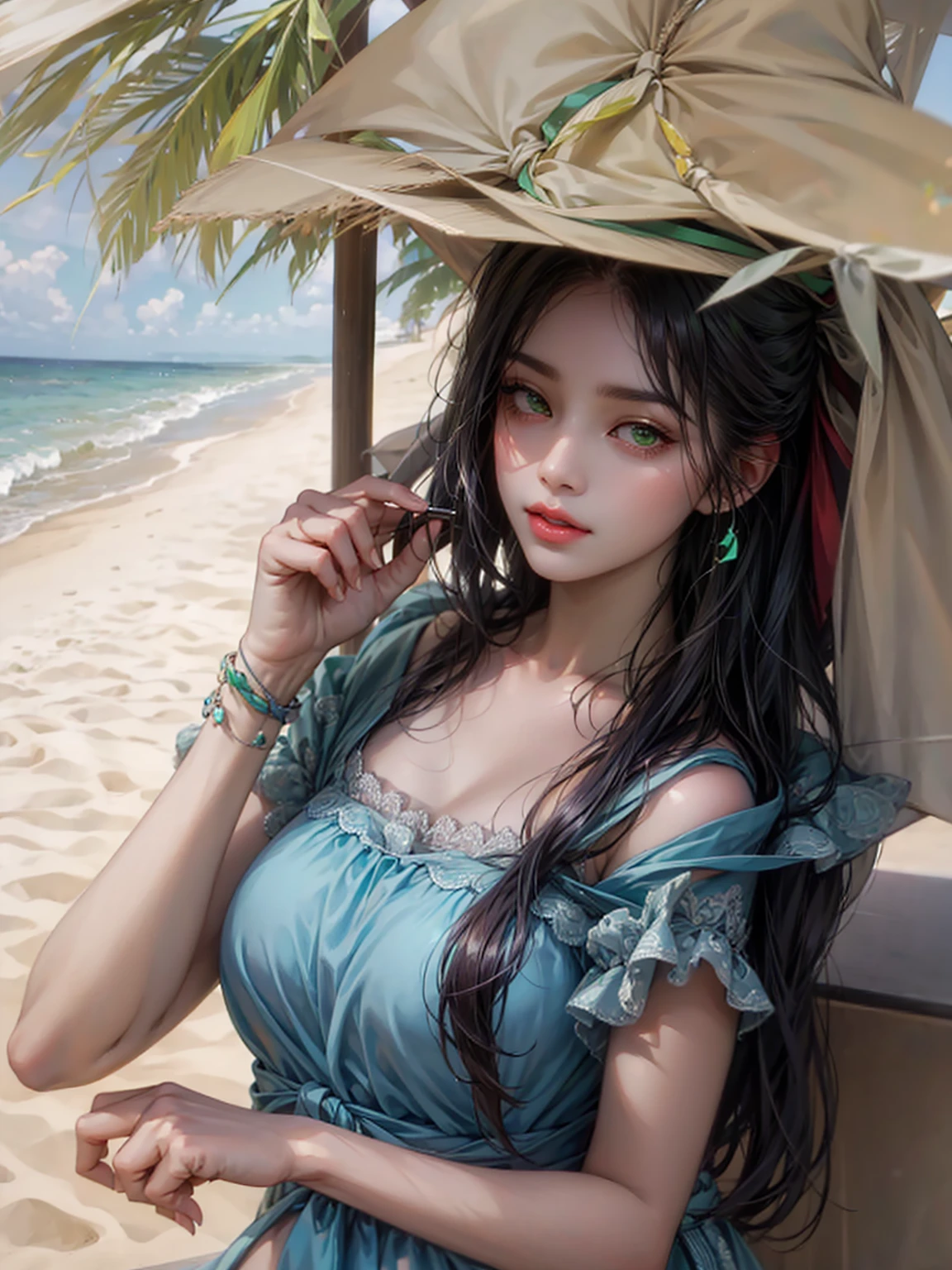 dengan kamera
green eyes, at the beach, taking shade