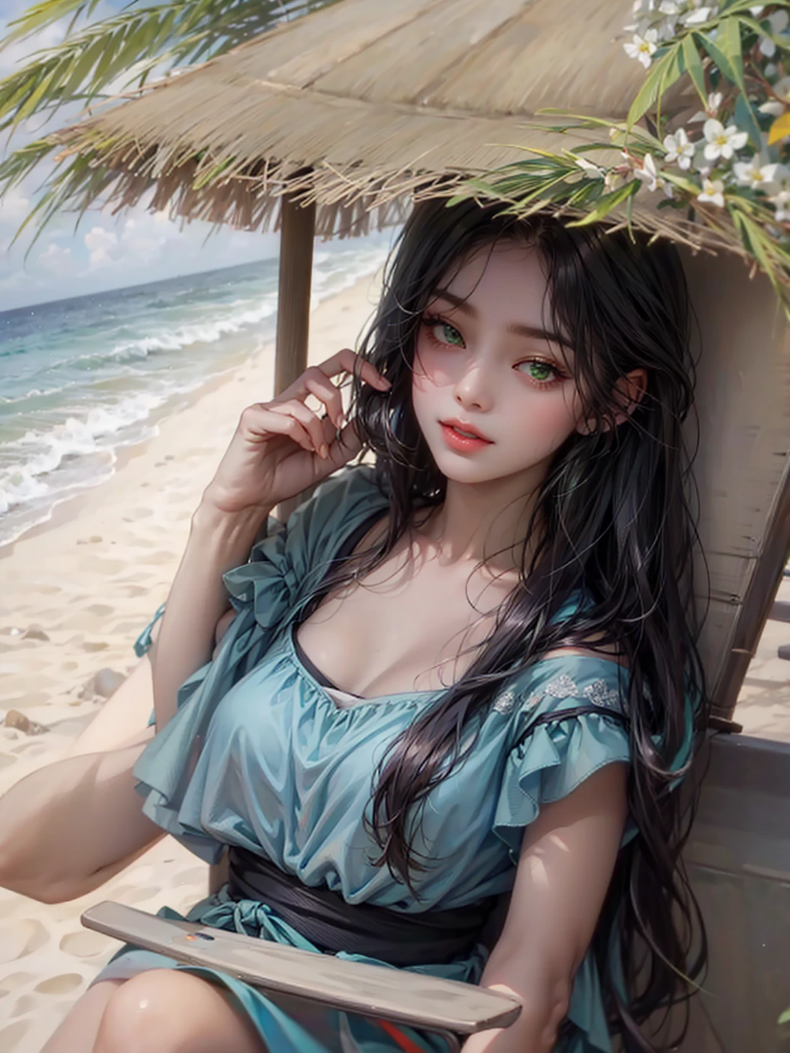 dengan kamera
green eyes, at the beach, taking shade