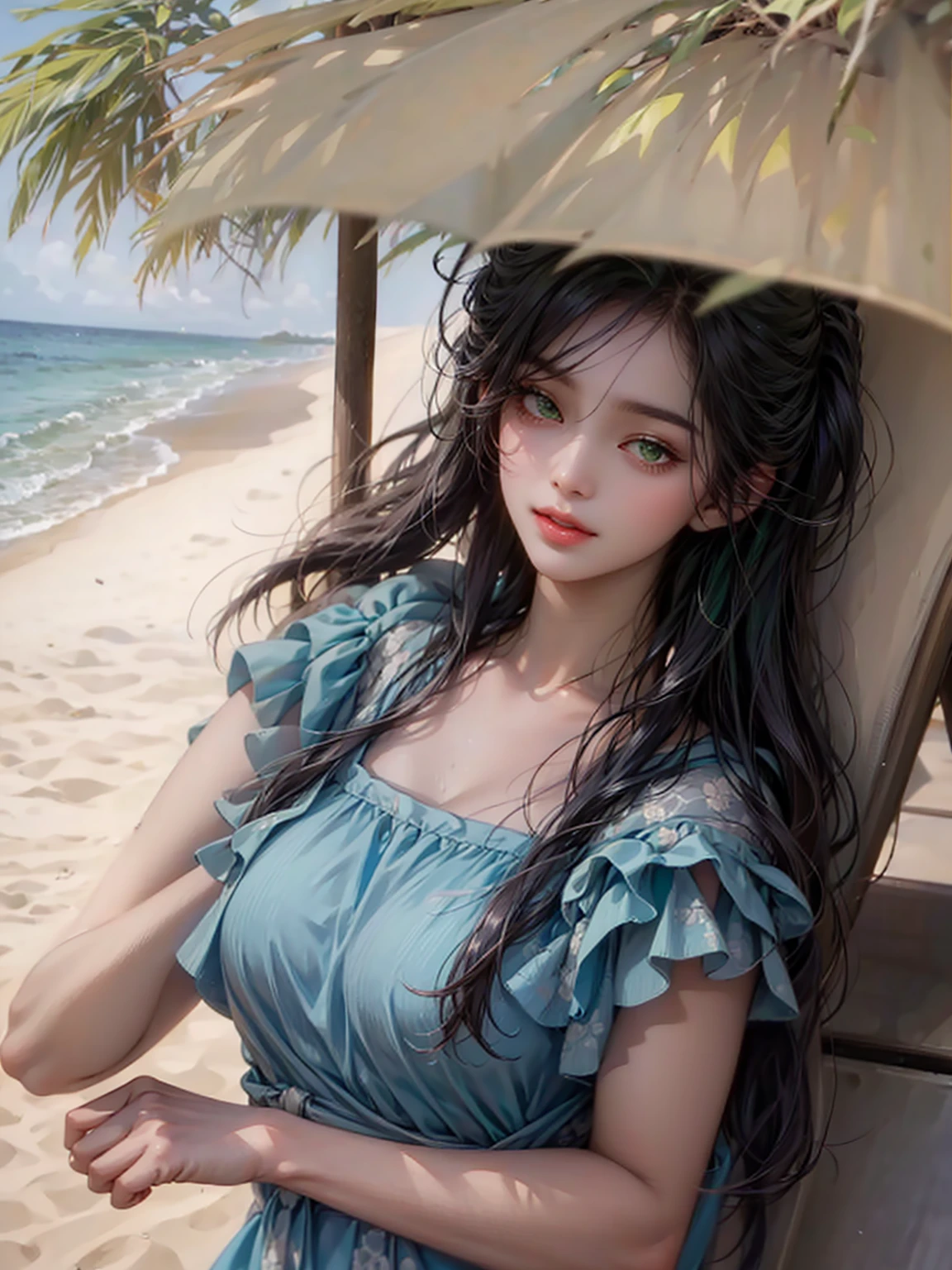  dengan kamera
green eyes, at the beach, taking shade
