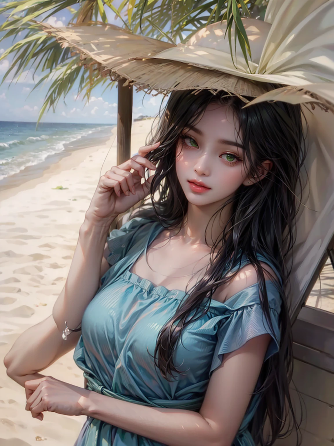 dengan kamera
green eyes, at the beach, taking shade