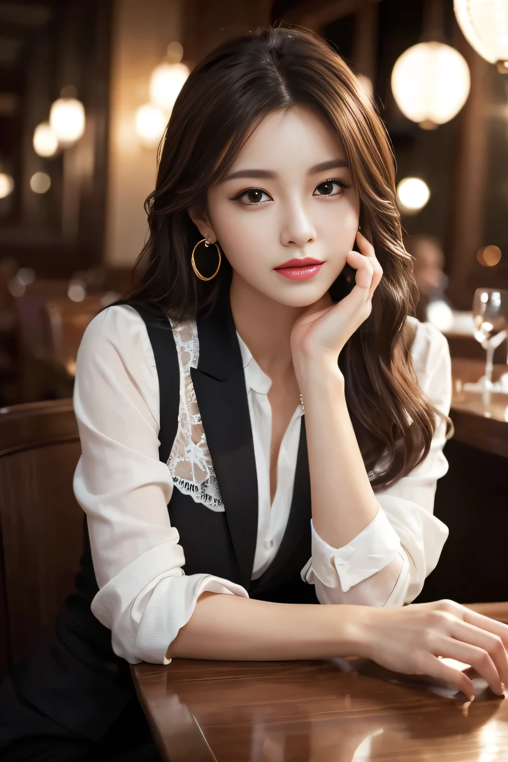masterpiece, Highest quality, Realistic, Very detailed, Finer details, High resolution, 8k wallpaper, One beautiful woman, Wear a nice suit, In a great restaurant, At night, Light brown messy hair, Perfect dynamic composition, Beautiful and beautiful eyes、Big earrings、Sit on a chair、