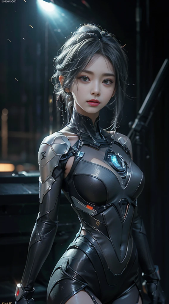 (From the front:1.5), (1机械女孩:1.5),whole body, Solitary, Slim waist, Thick thighs, (machine made joints:1.2),(Mechanical limbs:1.1),(Blood vessels connected to the tubes),(A mechanical vertebrae attached to the back),(Mechanical cervical fixation), Light on armor, Mecha head mirror, (Glowing arm:1.5), (Laser Eyes:1.5), Poker face, Huge breasts, rich and colorful,Human Development Report, Ray Tracing, nvidia RTX, Super Resolution, Unreal 5, Subsurface scattering, PBR Textures, Post-Processing, Anisotropic filtering, Depth of Field, Maximum clarity and sharpness, Rule of Thirds, 16K Raw, (Glowing particles:1.4), Extremely detailed的 CG, Unity 8K wallpaper, 3d, lighting, lens flare, Reflection, Clear focus, Cyberpunk Art, Practical, highly detailed CG illustration, Extremely delicate and beautiful, light, (photoPractical:1.5), (Dark background:1.5),Dynamic Angle, masterpiece, best quality, Extremely detailed, illustration, 详细的light, dramatic_shadow,face shadow,Very detailed,The best show,Hairstyle