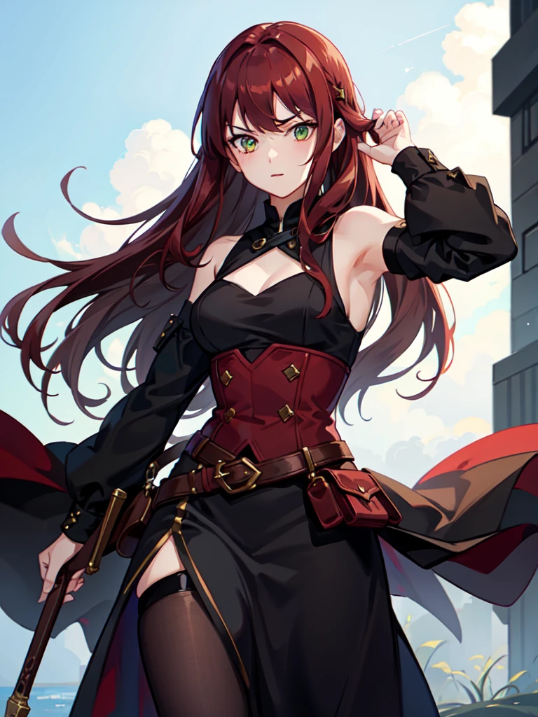 Young girl, long dark red hair, dark hair, sharp eyes, green eyes, sleeveless combat dress, bow, serious look, masterpiece, high quality