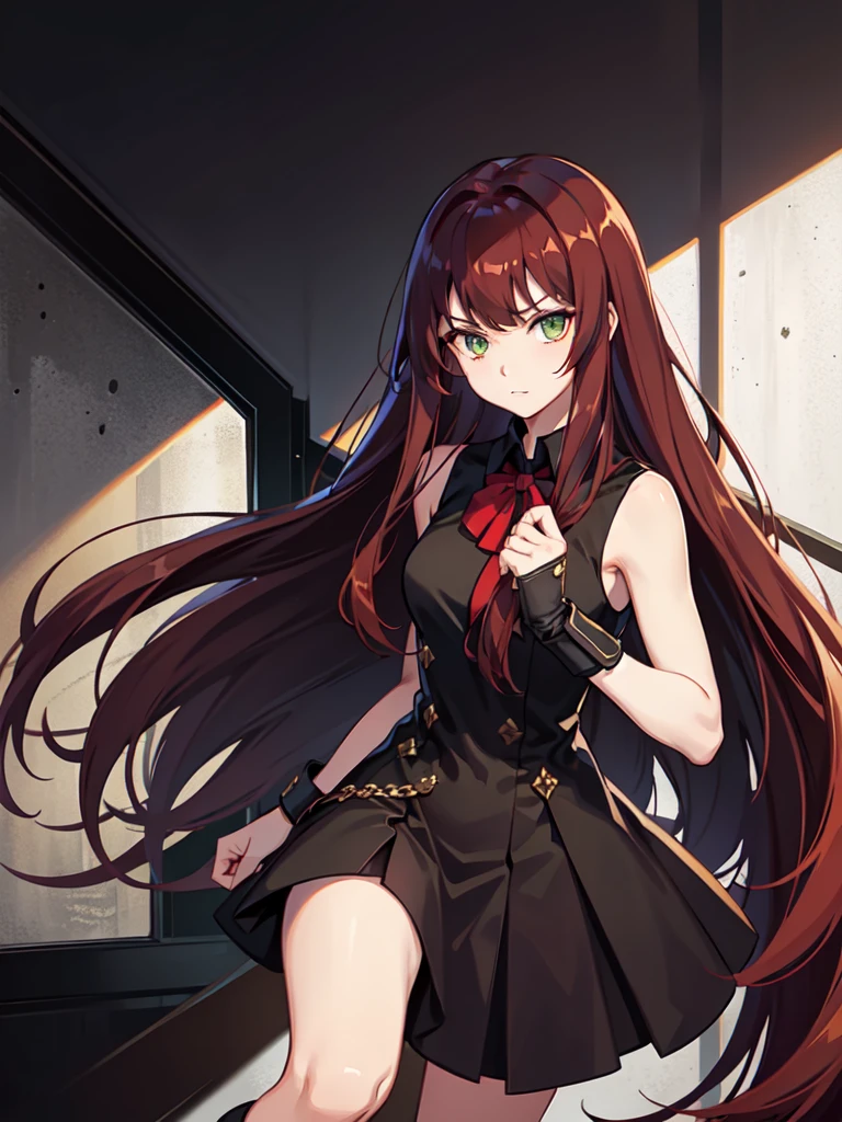 Young girl, long dark red hair, dark hair, sharp eyes, green eyes, sleeveless combat dress, bow, serious look, masterpiece, high quality