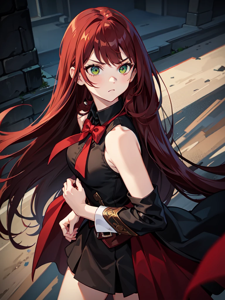 Young girl, long dark red hair, dark hair, sharp eyes, green eyes, sleeveless combat dress, bow, serious look, masterpiece, high quality