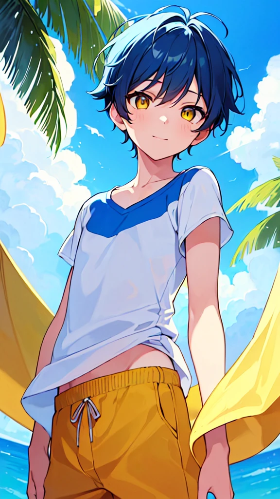 [(SUMMER BACKGROUND:1.5),::5], ((((masterpiece)))), high quality, very_high_resolution, large_filesize, upper body, full color, ((Solo)), (()), 13 old year, men's short deepblue hair, vivid color, ((yellow eye)), Summer clothes white, animestyle, light smile