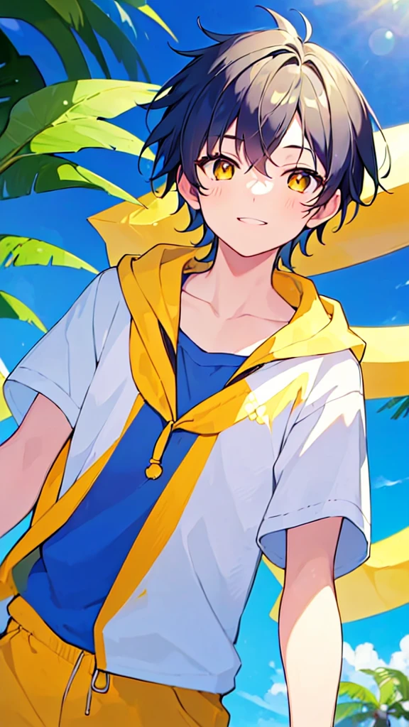 [(SUMMER BACKGROUND:1.5),::5], ((((masterpiece)))), high quality, very_high_resolution, large_filesize, upper body, full color, ((Solo)), ((little boy)), 13 old year, men's short deepblue hair, vivid color, ((yellow eye)), Summer clothes white, animestyle, light smile