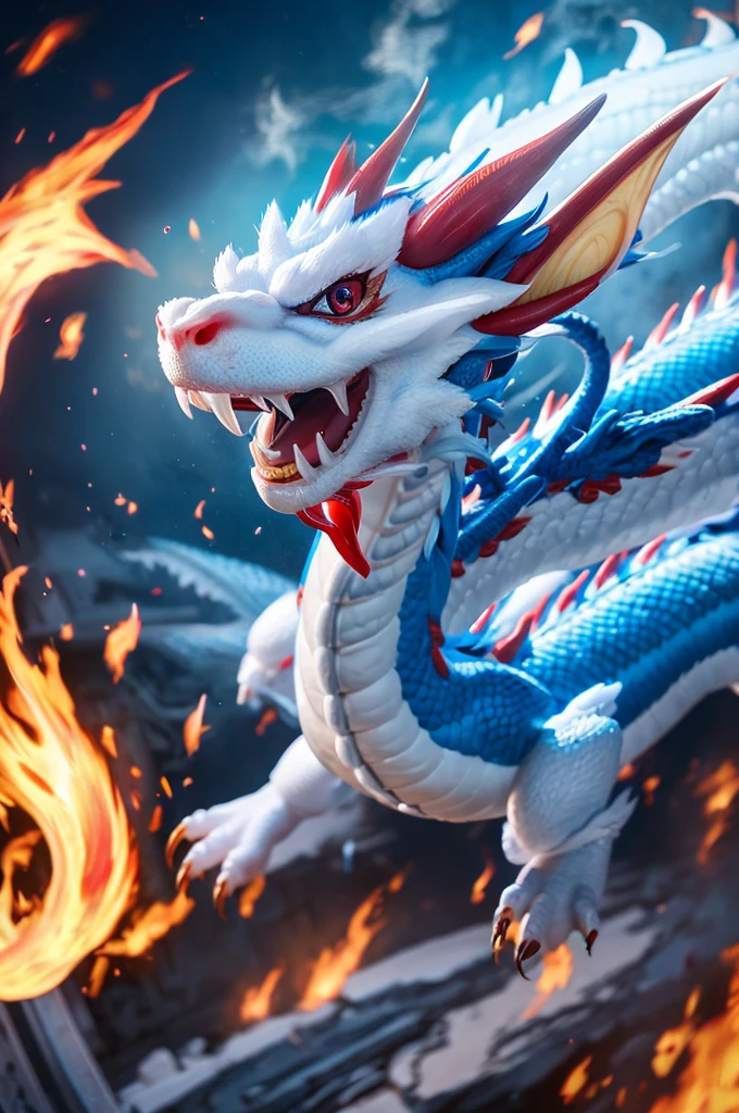 Blue White Chinese Dragon, Claw, Red eyes, Masterpiece,
Best Quality, ultra detailed, photorealistic, extremely delicate,
(Dragon Chino:1.2), Long body, flying,
roar, breathing flames,
dynamic angle, intense angle, cinematic lighting,