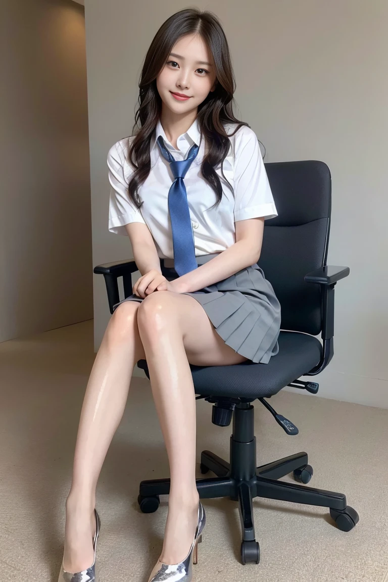 (8k), (highest quality: 1.2), (Realistic), (Realistic: 1.37), Ultra-high resolution, (1 girl), cute, blush,Embarrassed smile, Beautiful details, Beautiful Nose, straight Hair, ヘアピン,Giant Dulcefo, pork, Thighs，Self Snap,University Uniforms,(A simple ノースリーブシャツ:1.5),(Pleated gray skirt:1.2),(tie:1.3),(Sitting:1), (Sit on the chair),(Hold my feet:1),(Shiny legs:1.5),from the front,knees,