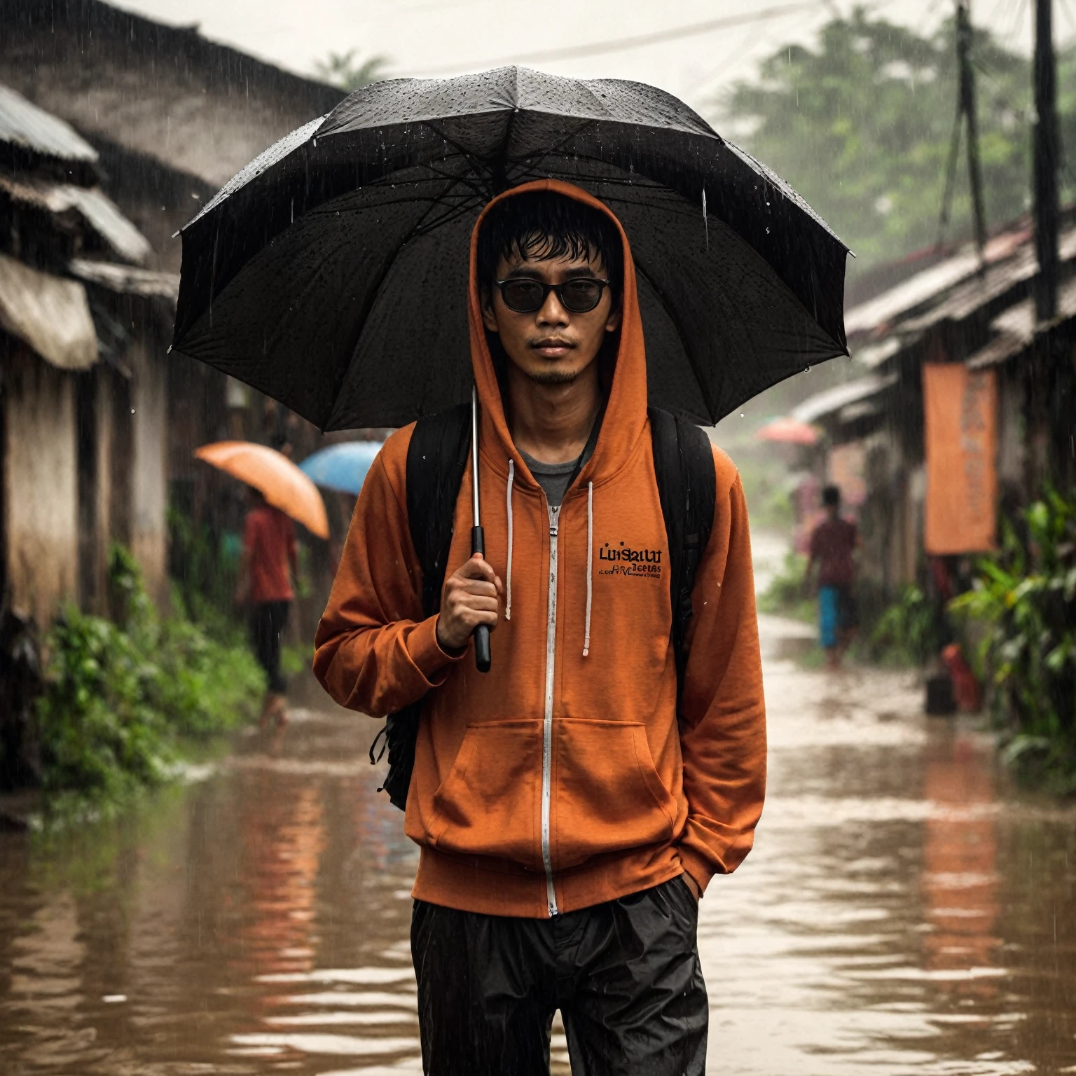 realistic photo, a man with a native Indonesian face, 25 years old, oval face, short side parted hair style, very thin body, sun glasses, wearing an orange hoodie, wearing black trousers, wearing black flip flops, looks carrying a black umbrella, he appears to be walking, the atmosphere in the village is flooded, the weather is rainy and cloudy, you can see a banner that says "LISUNGBATU"