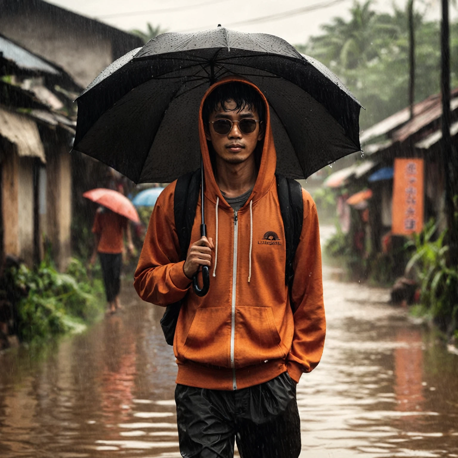 realistic photo, a man with a native Indonesian face, 25 years old, oval face, short side parted hair style, very thin body, sun glasses, wearing an orange hoodie, wearing black trousers, wearing black flip flops, looks carrying a black umbrella, he appears to be walking, the atmosphere in the village is flooded, the weather is rainy and cloudy, you can see a banner that says "LISUNGBATU" 