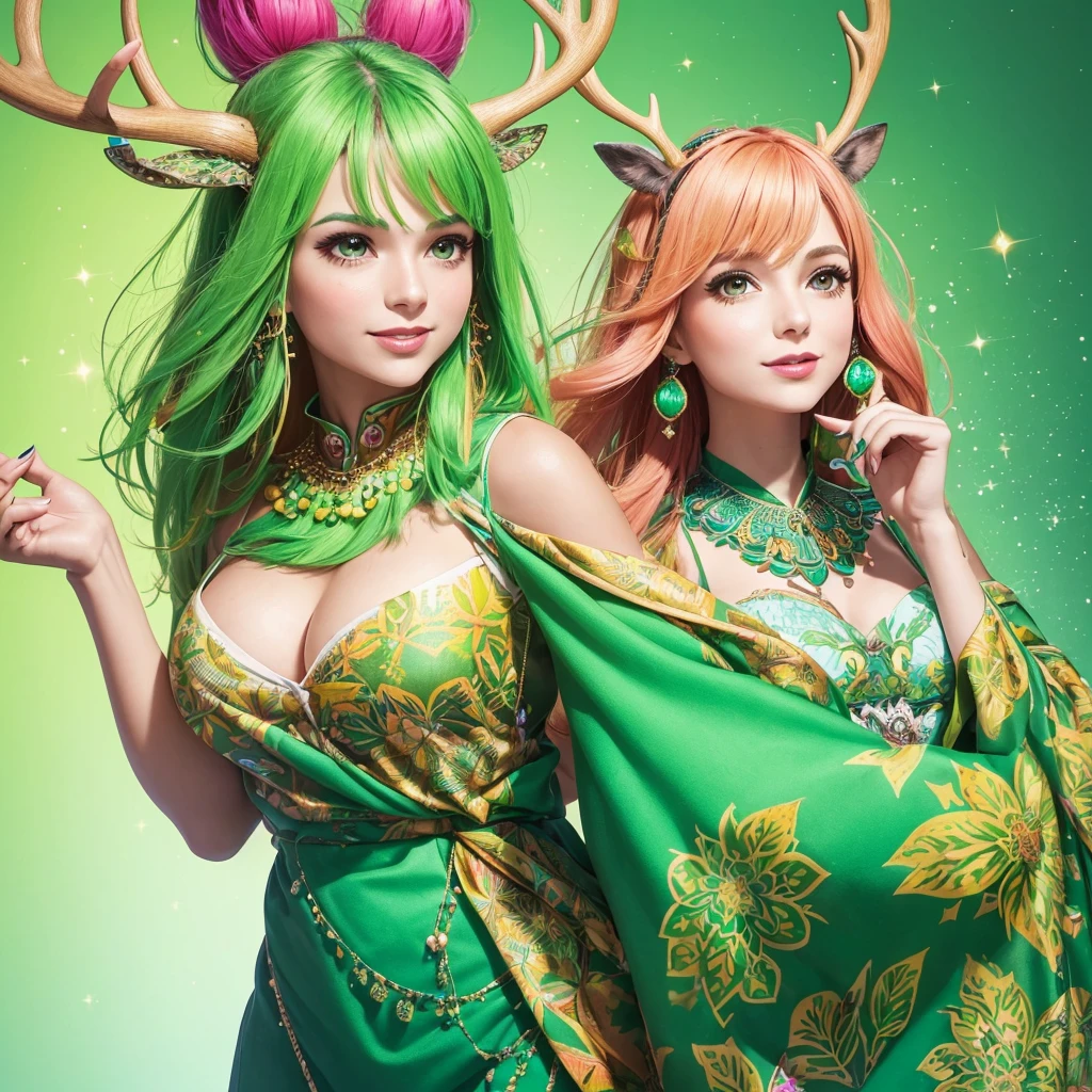 Create an image of a vibrant and creative woman representing an MBTI campaigner (ENFP) type. She is wearing a lively green outfit that highlights her enthusiasm and individuality. She has elegant deer antlers growing from her head, adding a unique and whimsical touch to her appearance. The background should be a colorful and imaginative setting that reflects her love for new experiences and her spontaneous nature.
