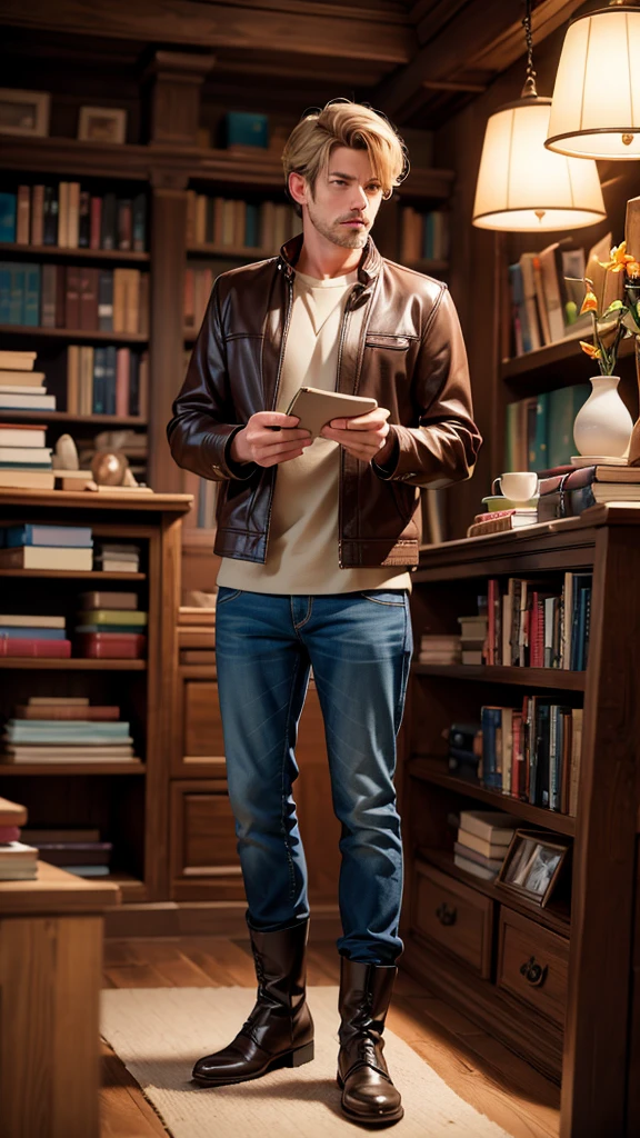 Inside the quaint bookstore, the warm light from the chandeliers illuminates rows of books. Mark, the kind-hearted man , arranging books on a shelf. He's wearing a brown leather jacket and black boots. (best quality, 4k, 8k, highres, masterpiece:1.2), ultra-detailed, (realistic, photorealistic, photo-realistic:1.37), indoor, soft lighting, lively atmosphere).