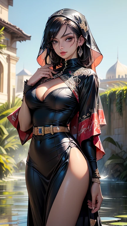 persian warrior,1 Girl,(((Full and soft breasts,)))(((Huge target chest))) (((Cleavage))) (Perfect curved body)
(Large Breasts:1.4),(((Black Hair))),(((water blue_Eye:1.3))),complex Eye,beautiful detailed Eye,symmetrical Eye,((((Brown,暗dark skin,dark skin:1.35,Dark skin_woman,暗dark skin:1.3,Ebony leather,Glowing skin:1.5,Bright skin: 1.5,Glowing skin,very Glowing skin,Shiny body)))),,(Lower abdomen,Willow Waist,Wide hips,Athlete's physique,Inflatable legs,Thick thighs,(Delicate face)),Beautiful and delicate lips,
Lovely,debauchery,Sensual,Tempting look,Tempting,(()),Gorgeous,luxury,((Not suitable for working hours)),
(((Wearing a turquoise dress、Muslim woman adorned with crystals))), (((The muscular body is covered in Hoyoverse-style technical clothing, a veil on her head))), (Eye with a lot of makeup), Lots of jewelry and accessories,earrings,(((Eyehadow,Arabic Makeup,Eyelid makeup))),(((complex outfit,Embroidered Clothes,Gorgeous服装,complex cloth,Embroidered cloth,Gorgeous布))),
(Dynamic poses:1.3), Looking at the audience,Awkward,Center,Scale to Fit,Rule of Thirds,
outdoor,(Arabian palace,Arabian palace background,Pyramids in the background),landscape,(oasis,oasis background),extremely landscape,(Puddles of water everywhere,moss,moss on the background),cloud,Arabic style,Arab Castle,Lotus Leaf,Palm tree,already,(Sunset, Prime Time),
(Shiny Arabian Ornaments),high resolution,Clear focus,(Extremely detailed,Extremely detailed),(Realistic artwork:1.37),(Extremely detailed CG unity 8k wallpaper),(((Vibrant colors,Vibrant Theme))),(complex),(masterpiece),(best quality),艺术photography,(photography:sldr),(complex background),Perfectly presented face,Perfect facial details,Realistic face,Photo-realistic,((complex detail)),(((realism))),