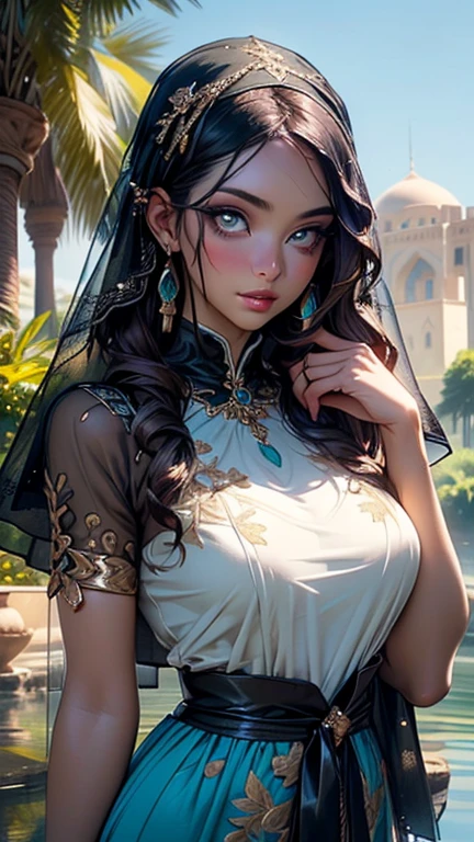 persian warrior,1 Girl,(((Full and soft breasts,)))(((Huge target chest))) (((Cleavage))) (Perfect curved body)
(Large Breasts:1.4),(((Black Hair))),(((water blue_Eye:1.3))),complex Eye,beautiful detailed Eye,symmetrical Eye,((((Brown,暗dark skin,dark skin:1.35,Dark skin_woman,暗dark skin:1.3,Ebony leather,Glowing skin:1.5,Bright skin: 1.5,Glowing skin,very Glowing skin,Shiny body)))),,(Lower abdomen,Willow Waist,Wide hips,Athlete's physique,Inflatable legs,Thick thighs,(Delicate face)),Beautiful and delicate lips,
Lovely,debauchery,Sensual,Tempting look,Tempting,(()),Gorgeous,luxury,((Not suitable for working hours)),
(((Wearing a turquoise dress、Muslim woman adorned with crystals))), (((The muscular body is covered in Hoyoverse-style technical clothing, a veil on her head))), (Eye with a lot of makeup), Lots of jewelry and accessories,earrings,(((Eyehadow,Arabic Makeup,Eyelid makeup))),(((complex outfit,Embroidered Clothes,Gorgeous服装,complex cloth,Embroidered cloth,Gorgeous布))),
(Dynamic poses:1.3), Looking at the audience,Awkward,Center,Scale to Fit,Rule of Thirds,
outdoor,(Arabian palace,Arabian palace background,Pyramids in the background),landscape,(oasis,oasis background),extremely landscape,(Puddles of water everywhere,moss,moss on the background),cloud,Arabic style,Arab Castle,Lotus Leaf,Palm tree,already,(Sunset, Prime Time),
(Shiny Arabian Ornaments),high resolution,Clear focus,(Extremely detailed,Extremely detailed),(Realistic artwork:1.37),(Extremely detailed CG unity 8k wallpaper),(((Vibrant colors,Vibrant Theme))),(complex),(masterpiece),(best quality),艺术photography,(photography:sldr),(complex background),Perfectly presented face,Perfect facial details,Realistic face,Photo-realistic,((complex detail)),(((realism))),