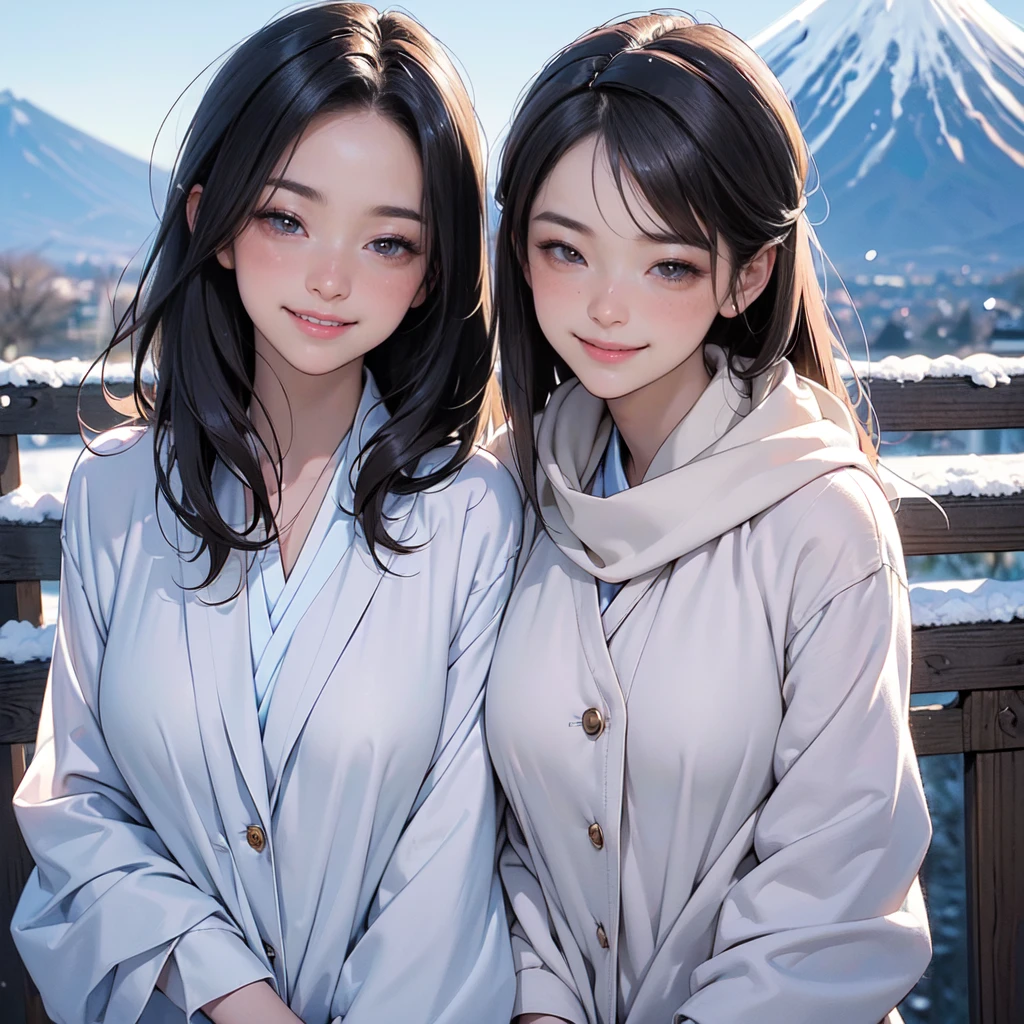 ((8K, RAW Photos, Highest quality, masterpiece)),((Showing the kimono from the obi up:1.5)), High-resolution RAW color photos、
Professional close-up photography, (Realistic, フォトrealism: 1.37),
(Highest quality), (Best Shadow), (Best illustrations),
High-quality images、Skin Radiance、Texture of skin and clothing、
Expression of fine eyes、Shiny Hair,Long Hair Girl, Manga inspired by Lee Jong-suk,
Trending on deviantart, realism, detailed manga style, Manga art style,
Perfect Line Drawing, Beautiful line art, digital manga art girl, K-POPアイドル,
Beautiful brown eyes, Fuller lips, Gorgeous face with attention to detail,
(Cute Smile), attractive, Innocent, (Perfectly detailed face),
(Detailed and carefully drawn hand) Photorealistic images, Written boundary depth,
(Japanese style princess cut hairstyle:1.5),
best quality, masterpiece, New Year,
Three Japanese high-school cute girls, ((looking straight:1.7)),
(Japanese-high-school-blazer-uniform:1.5),
Reddish bow tie, with a school bag,
((gently smiling:1.7)),
((upper arms hidden by clothes and hair:1.5)),
(innocent and pure high-school-girls:1.7)
((white short scarf:1.2)), ((white feather shawl:1.2)),
(separately side by side:1.5),
shrine background, (mount Fuji:1.3), ((snow))
winter(season), (outdoors:1.5)