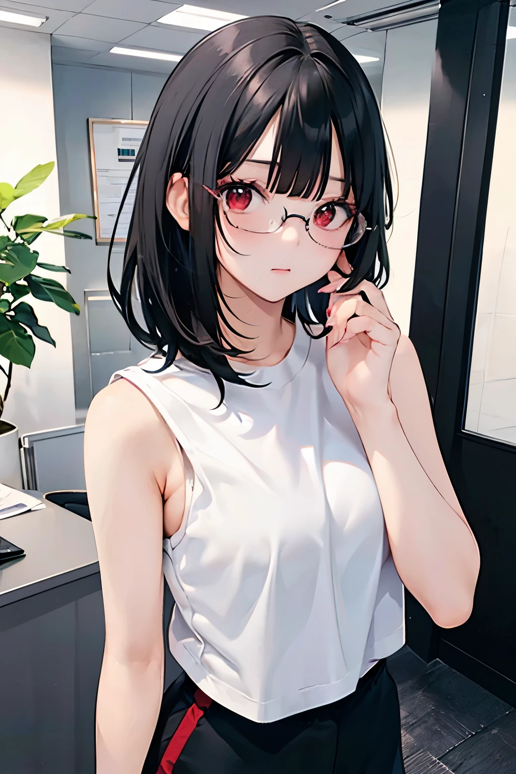 18 year old girl, short black hair, Red eyes, office glasses, He wears a white t-shirt without logos, sleeveless and tight short black pants. (greet kindly)(the environment is an office)