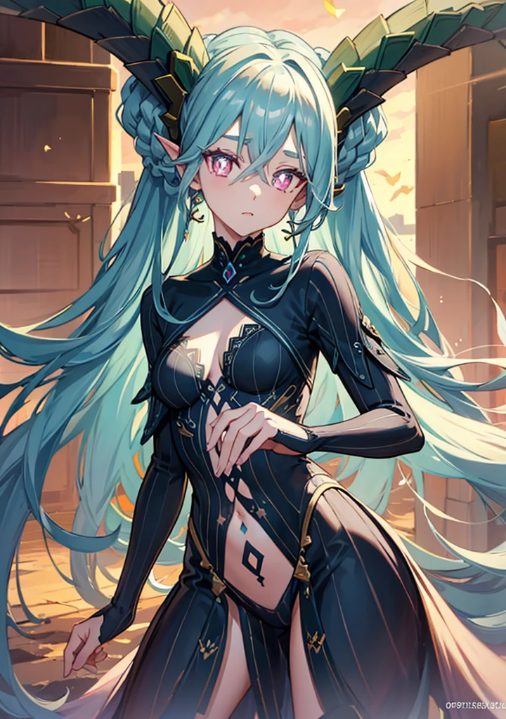 tiamat, tiamat, absurdly long hair, aqua hair, braid, curled horns, gradient hair, horns, long horns, multicolored hair, pink eyes, pointy ears, symbol-shaped pupils, twin braids, (x-shaped pupils:1.5),
BREAK ,
BREAK looking at viewer,
BREAK outdoors,
BREAK (masterpiece:1.2), best quality, high resolution, unity 8k wallpaper, (illustration:0.8), (beautiful detailed eyes:1.6), extremely detailed face, perfect lighting, extremely detailed CG, (perfect hands, perfect anatomy),