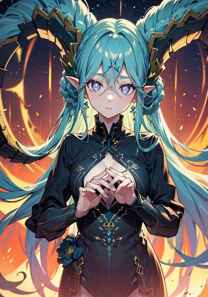tiamat, tiamat, absurdly long hair, aqua hair, braid, curled horns, gradient hair, horns, long horns, multicolored hair, pink eyes, pointy ears, symbol-shaped pupils, twin braids, (x-shaped pupils:1.5),
BREAK ,
BREAK looking at viewer,
BREAK outdoors,
BREAK (masterpiece:1.2), best quality, high resolution, unity 8k wallpaper, (illustration:0.8), (beautiful detailed eyes:1.6), extremely detailed face, perfect lighting, extremely detailed CG, (perfect hands, perfect anatomy),