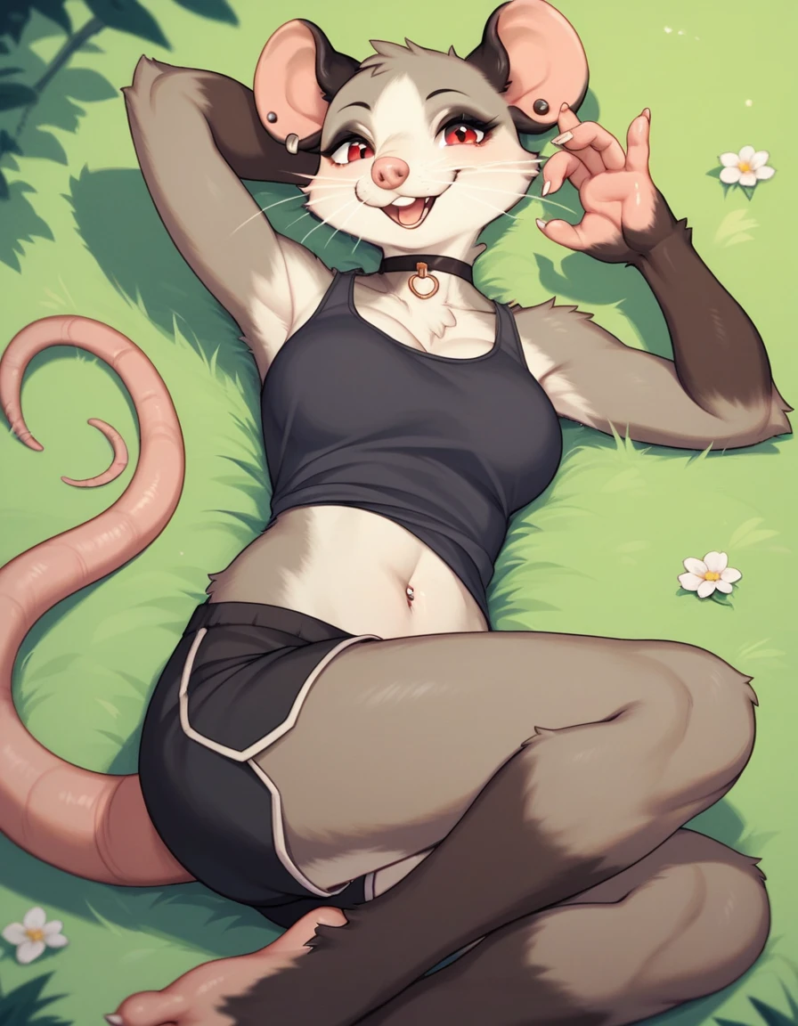 , score_9,score_8_up,score_7_up, source_cartoon, source_furry, kemono style, Female opossum, Anthro furry opossum girl, black brown fur, white fur, red eyes, :3, happy smile, black tank top whiskers, black shorts, black choker necklace, feet paws, rodent paws, clawed fingers, four toes,lying on the ground, grassy floor, cute pose, medium breasts, piercings om left ear,