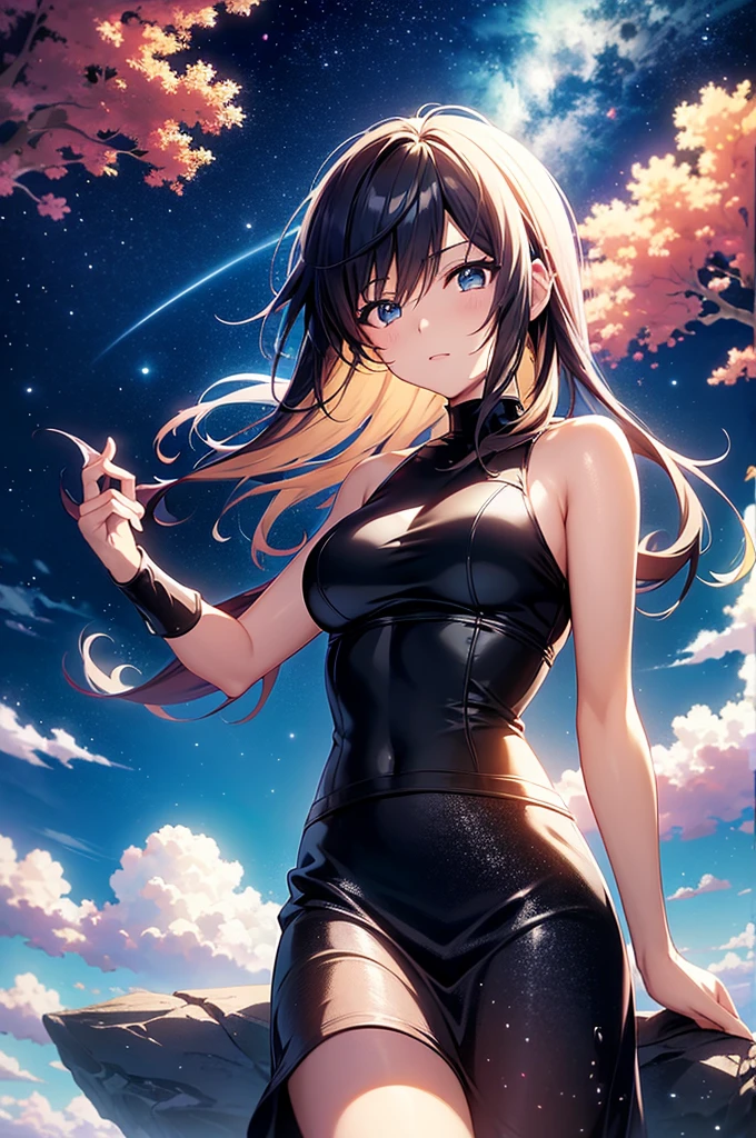 anime scenery of a guy and a girl standing on a rock looking at the sky, cosmic skies. by makoto shinkai, makoto shinkai cyril rolando, beautiful anime scene, romantic anime scene, anime sky, anime art wallpaper 4 k, anime art wallpaper 4k, anime art wallpaper 8 k, anime beautiful peace scene, in style of makoto shinkai, 4k anime wallpaper