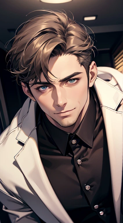 (best quality,4k,8k,highres,masterpiece:1.2),ultra-detailed,(realistic,photorealistic,photo-realistic:1.37),1 man,31 years old,mature man,very handsome,without expression,smile,short grey brown hair,blue eyes,penetrating gaze,perfect face without errors,imposing posture,businessman,office background,cinematic lighting,hdr image