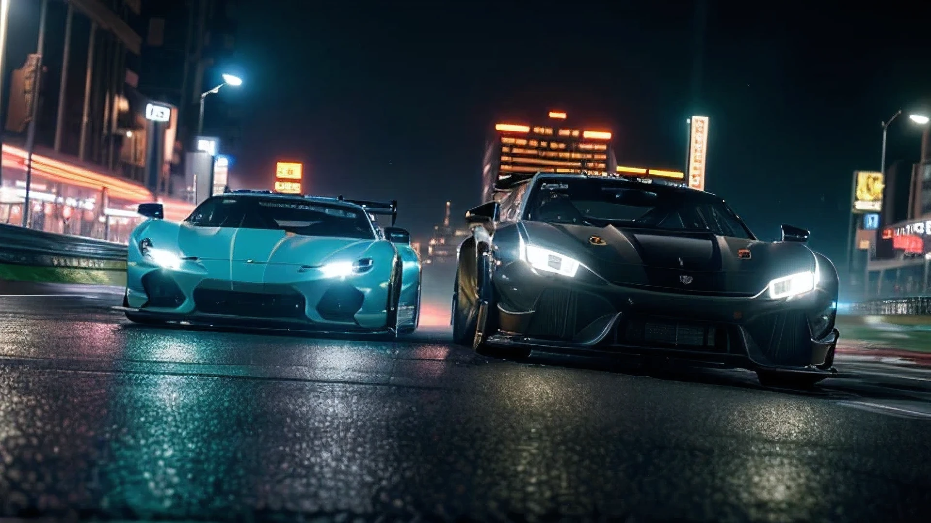 (best quality,4k,8k,highres,masterpiece:1.2),ultra-detailed,(realistic,photorealistic,photo-realistic:1.37),two luxury sports cars racing at high speed on a night city street,fast motion blur,dynamic action pose,dramatic lighting,neon city lights,wet asphalt road,cinematic atmosphere,intense competition,adrenaline,speed,power