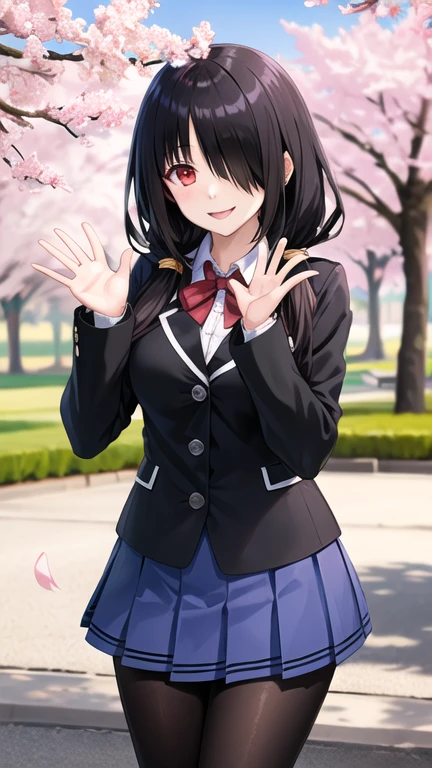 masterpiece, best quality, highres, 1girl, bbkurumi, long hair, hair over one eye, low twintails, , black jacket, pleated skirt, blue skirt, black pantyhose, standing, outdoors, cowboy shot, smile, cherry blossoms, waving,