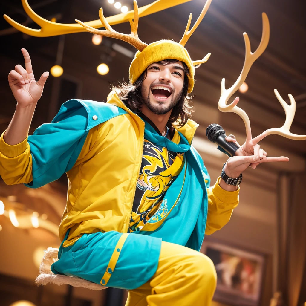 Create an image of a lively and charismatic man representing an MBTI entertainer (ESFP) type. He is wearing a bright yellow outfit that showcases his sociable and energetic nature. He has playful deer antlers growing from his head, adding a whimsical and entertaining touch to his appearance. The background should be a vibrant and festive setting that reflects his love for excitement and being the center of attention.