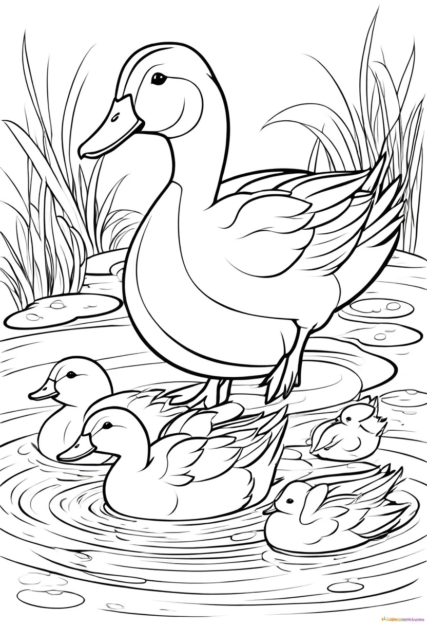 coloring page for kids, duck and baby duck